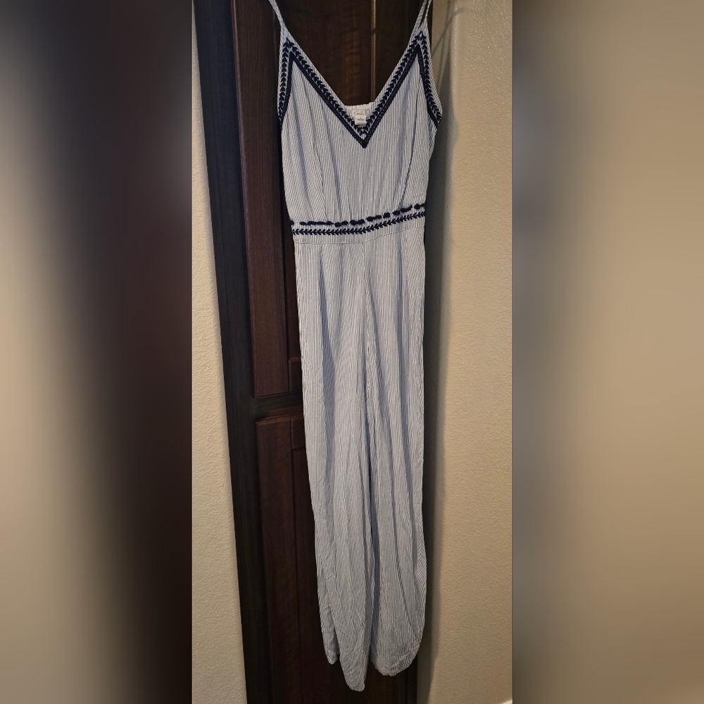Blue and white pinstriped jumpsuit size large
